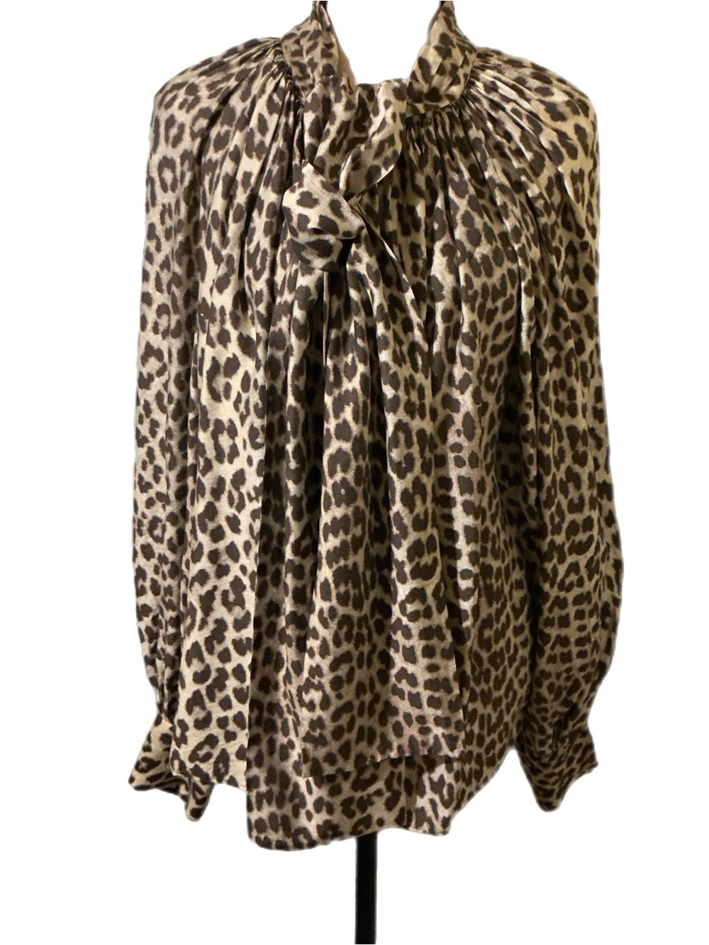 H&M Women’s XL Leopard Print Blouse Long Sleeve Ruffle Neck Tie Front